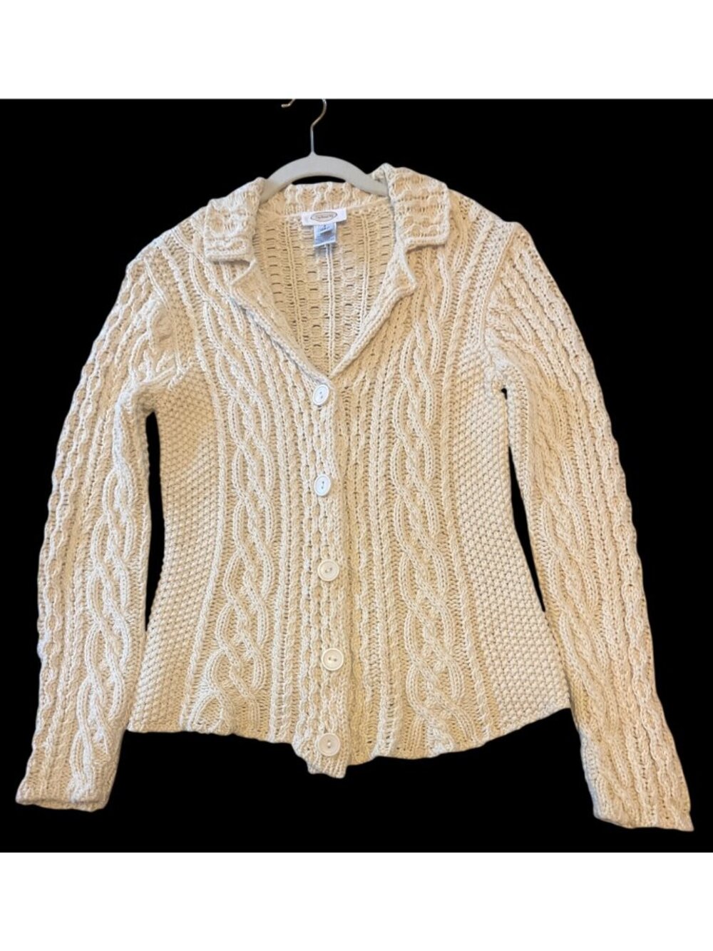 Talbots Womens Cream Cable Knit Cotton Cardigan Sweater With Button Front Collar